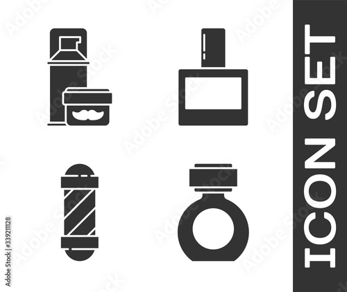Set Aftershave, Shaving gel foam, Classic Barber shop pole and Aftershave icon. Vector