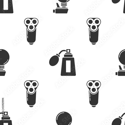 Set Hairdresser pistol spray bottle, Aftershave bottle with atomizer and Electric razor blade for men on seamless pattern. Vector