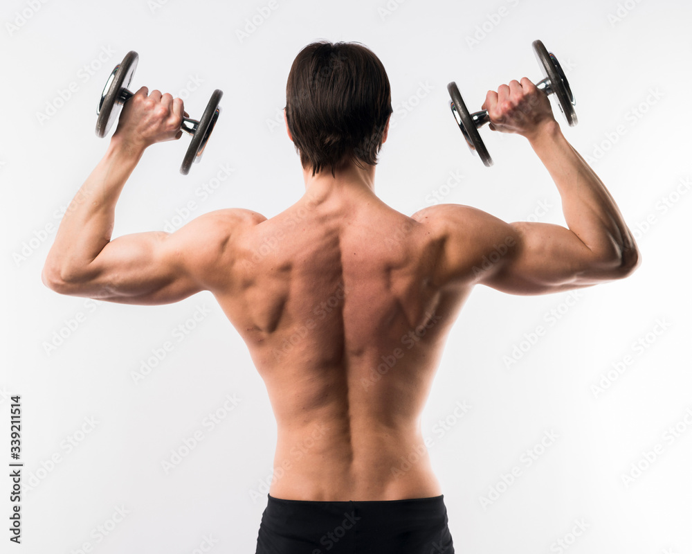 Back view of shirtless athletic man with weights Back view of shirtless athletic man with weights