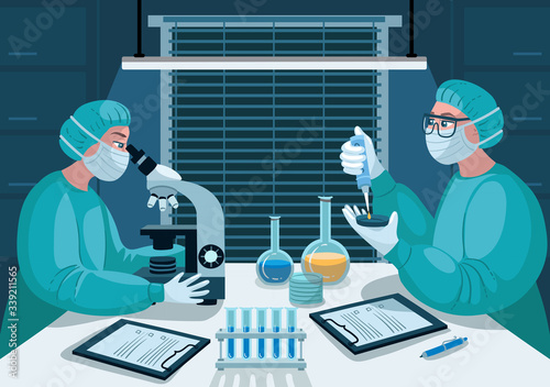 ЛистVector colorful illustration with scientists in the laboratory. Cartoon illustration on the theme of medicine and healthcare. Experiments, tests, vaccine creation