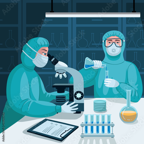Vector colorful illustration with scientists in the laboratory. Cartoon poster on the theme of medicine and healthcare. Experiments, tests, vaccine creation