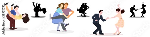 Set dancing couples silhouettes on white background. People in 1940s or 1950s style. Men and women on swing, jazz, lindy hop or boogie woogie party. Vector illustration.
