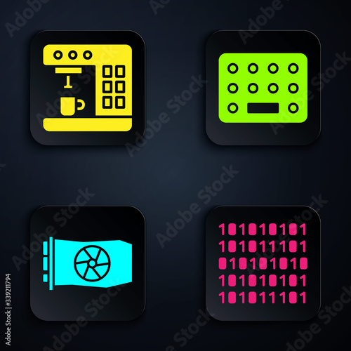 Set Binary code, Coffee machine, Video graphic card and Pills in blister pack. Black square button. Vector