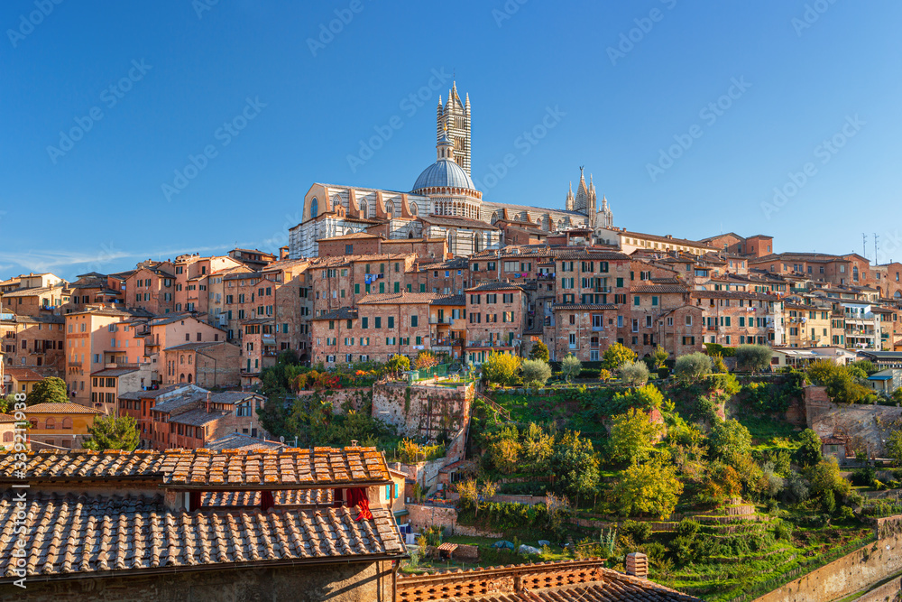 Siena - historical medieval town at sunset with view of the Dome & Bell Tower of Siena Cathedral (Duomo di Siena), landmark Mangia Tower and Basilica of San Domenico,Italy Siena - historical medieval town at sunset with view of the Dome & Bell Tower of Siena Cathedral (Duomo di Siena), landmark Mangia Tower and Basilica of San Domenico,Italy