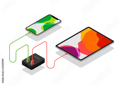 The phone and tablet are charged from powerbank. Charge battery on plug.