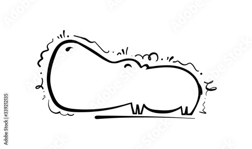 Hand drawn cartoon hippo. Sketch line design.