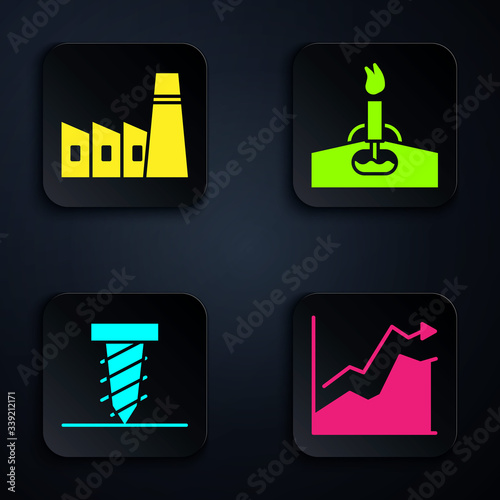 Set Oil price increase, Oil industrial factory building, Rotating drill digging a hole and Oil rig with fire. Black square button. Vector