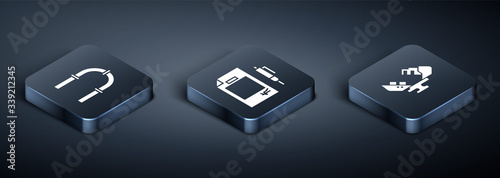 Set Isometric Industry pipe, Wrecked oil tanker ship and Contract money and pen icon. Vector