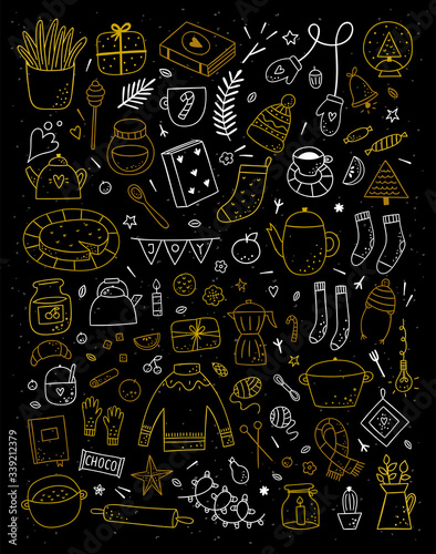 Festive cozy elements and objects. Vector outline Christmas clipart on dark background. Cute hand drawn hygge illustration set