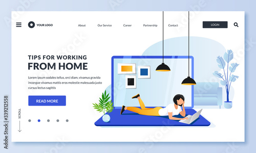 Work or education at home. Woman lying on floor uses laptop. Vector illustration. Remote work or e-learning concept