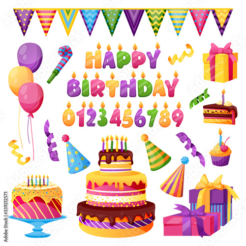 Birthday celebration party decor. Vector candles with numbers, Happy Birthday letters, gift, cake design elements