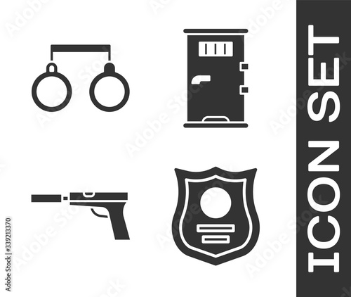 Set Police badge, Handcuffs, Pistol or gun with silencer and Prison cell door icon. Vector