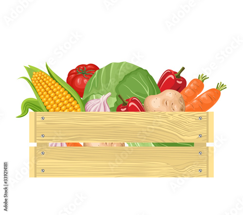 Vegetables in wooden box. Fresh farm products. Vector illustration of organic food.