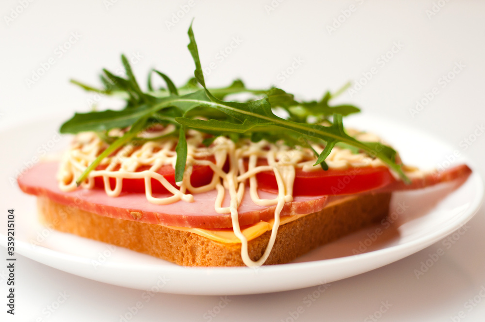 Sandwich of bread for toast, sturgeon, tomatoes, arugula, cheese and mayonnaise on a white plate in a side view Sandwich of bread for toast, sturgeon, tomatoes, arugula, cheese and mayonnaise on a white plate in a side view