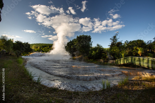 Wairakei terraces - Volcanic heated water rises in plumes near Taupo, on New Zealand`s North Island