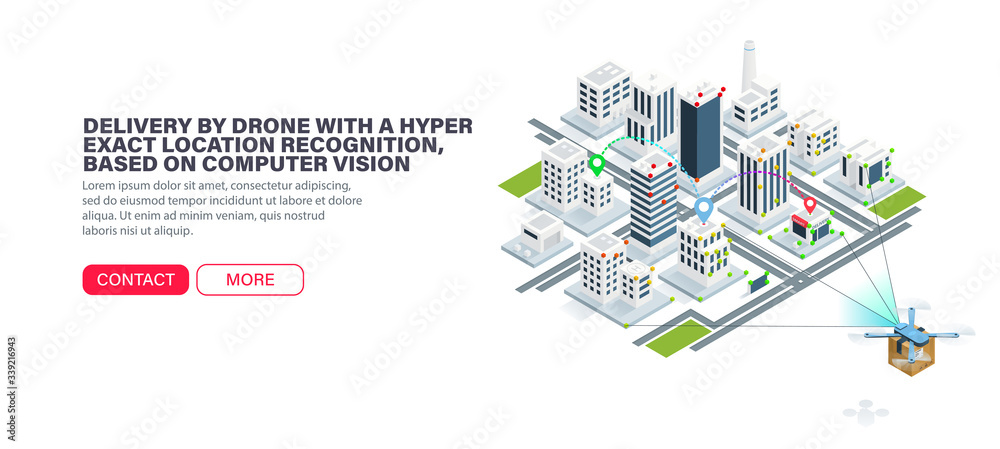 Delivery by drone with a hyper exact location recognition, based on computer vision. Accurate orientation in the city. Error-free city navigation. Isometric vector illustration Delivery by drone with a hyper exact location recognition, based on computer vision. Accurate orientation in the city. Error-free city navigation. Isometric vector illustration