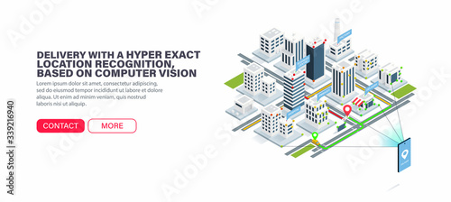 Delivery with a hyper exact location recognition, based on computer vision. Accurate orientation in the city. Error-free city navigation. Isometric vector illustration