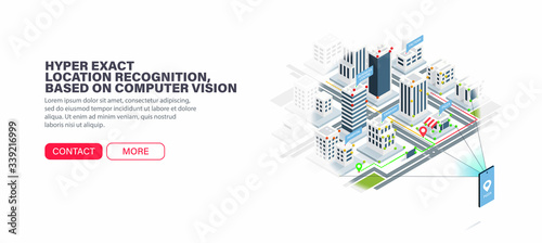 Hyper exact location recognition, based on computer vision. Error-free city navigation. Accurate orientation in the city. Concept for travel, delivery or augmented reality application. 