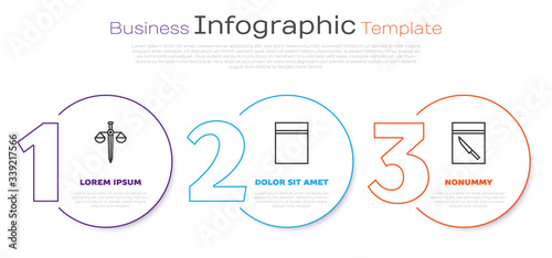 Set line Scales of justice, Plastic bag with ziplock and Evidence bag and knife. Business infographic template. Vector