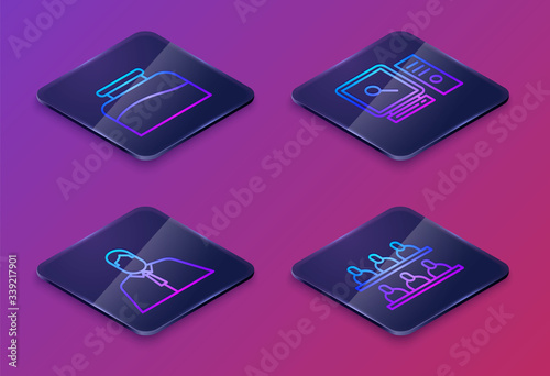 Set Isometric line Inkwell, Lawyer, attorney, jurist, Search on computer screen and Jurors. Blue square button. Vector