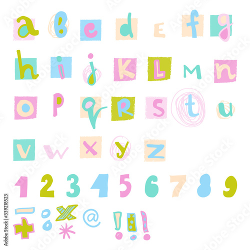 font for children is colorful and fun  hand-drawn and numbers in the style of naive drawing for baby and kids