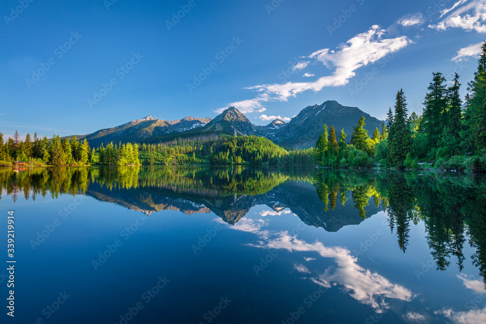 Summer scenic view on High Tatras mountains - National park and Strbske pleso  (Strbske lake) mountain lake in Slovakia