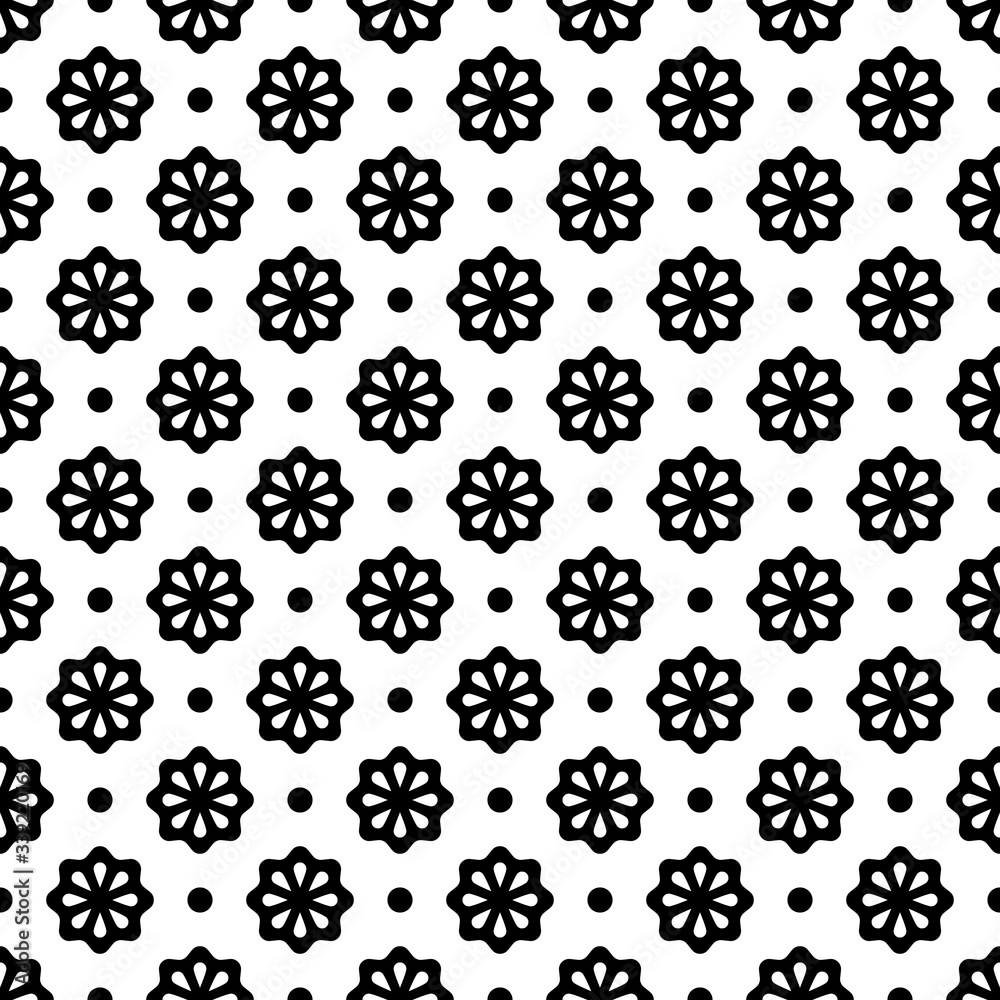 Vector seamless pattern. Abstract simple flower design. Black elements on a white background. Modern minimal illustration perfect for backdrop graphic design, textiles, print, packing, etc. Vector seamless pattern. Abstract simple flower design. Black elements on a white background. Modern minimal illustration perfect for backdrop graphic design, textiles, print, packing, etc.