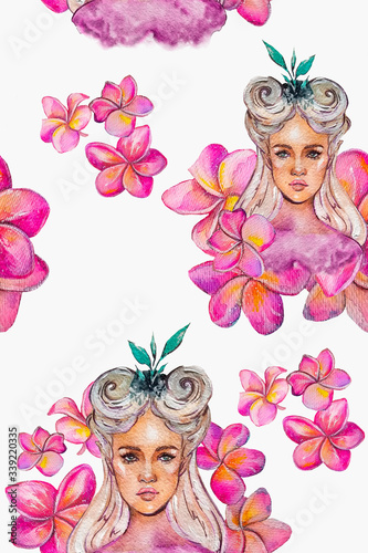 Fototapeta Naklejka Na Ścianę i Meble -  Plumeria girl flower. Textile pattern on white background. Pink flowers. Watercolor illustration.
