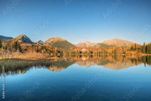 Summer scenic view on High Tatras mountains - National park and Strbske pleso (Strbske lake) mountain lake in Slovakia