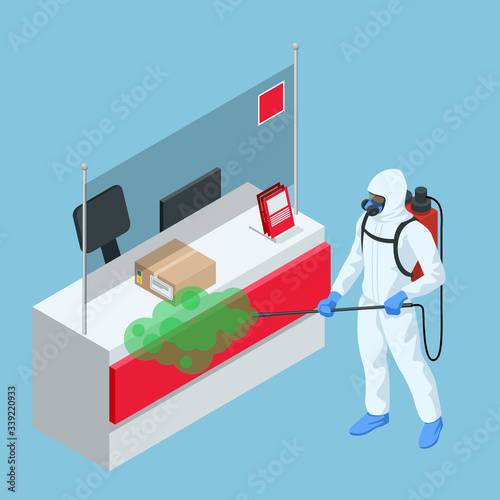 Isometric man wearing a protective suit disinfects Post Office with a spray gun. Virus pandemic COVID-19. Prevention against Coronavirus disease COVID-19.