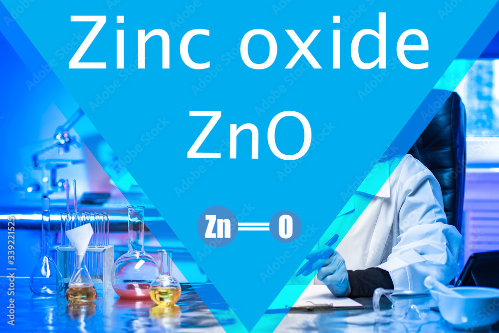 Foto de Formula Zinc Oxide. ZnO. Medic next to test tubes. Man in a