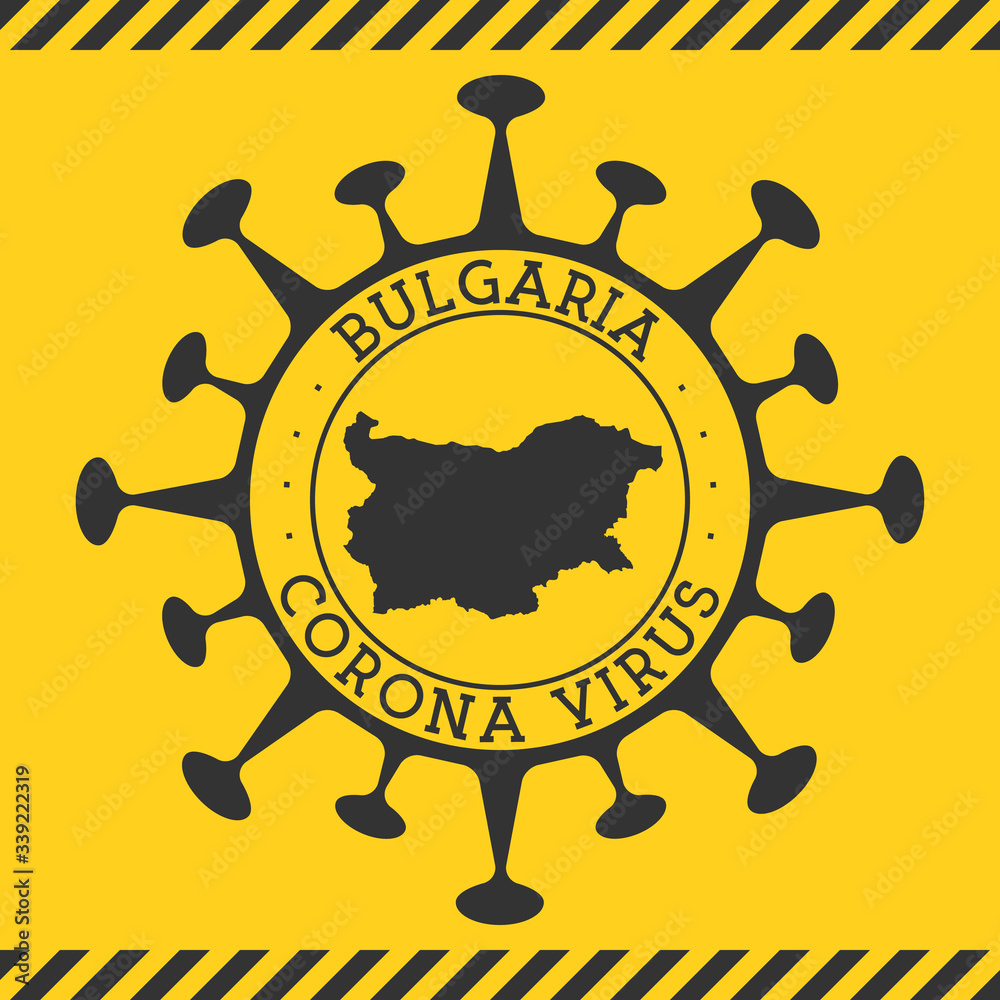 Corona virus in Bulgaria sign. Round badge with shape of virus and Bulgaria map. Yellow country epidemy lock down stamp. Vector illustration.