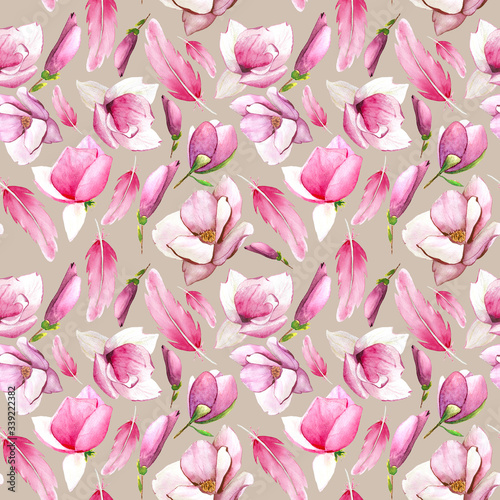 Seamless pattern pink magnolia and bird feathers on a calm beige background. Hand-drawn watercolor flowers and feathers for wallpaper  textile  wrapping paper  backgrounds.