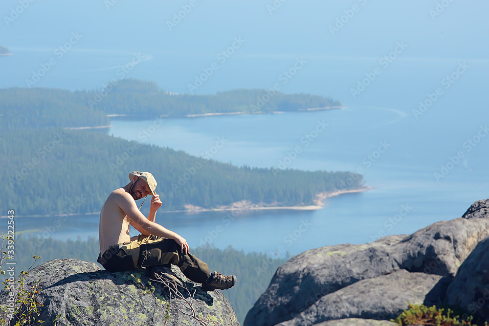 man travels holidays mountains summer mountain hiking, rest halt