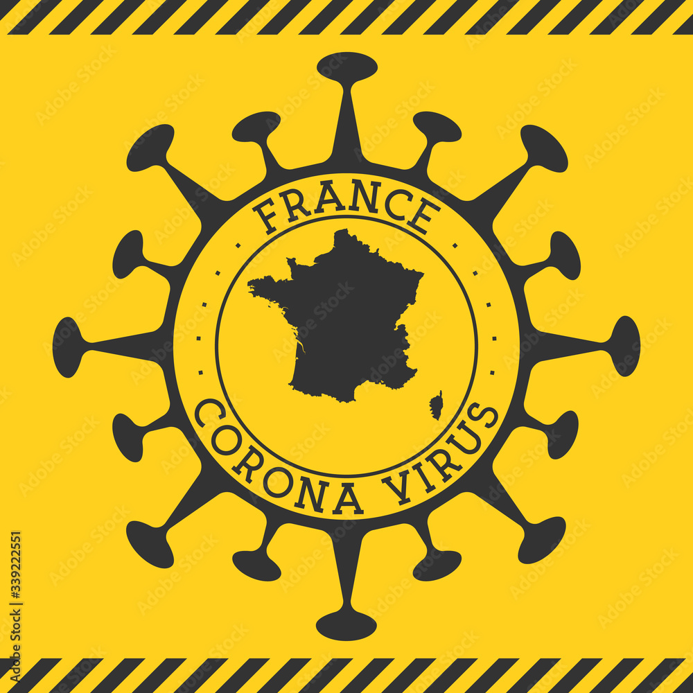Corona virus in France sign. Round badge with shape of virus and France map. Yellow country epidemy lock down stamp. Vector illustration.