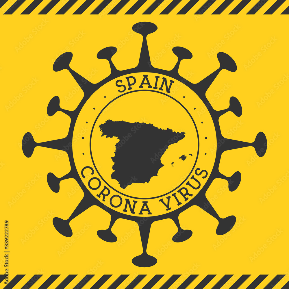 Corona virus in Spain sign. Round badge with shape of virus and Spain map. Yellow country epidemy lock down stamp. Vector illustration.