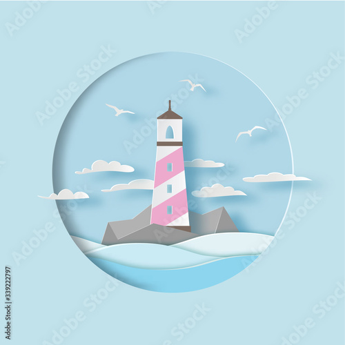 Lighthouse with clouds, gulls and waves. Sea landscape, cartoon marine background. Paper cut style.  Carving art. Vector illustration
