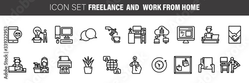 Work from home line icon set. Included icons as self quarantine, stay home, working, online, video conference, office and more.