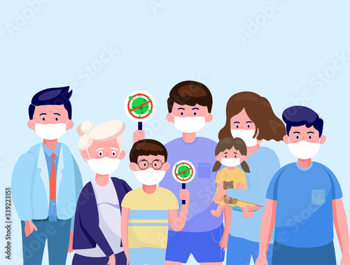 the family wearing  protective medical mask in flat style stay safe for protect coronavirus. covid-19 outbreaking and pandemic attack concept. 