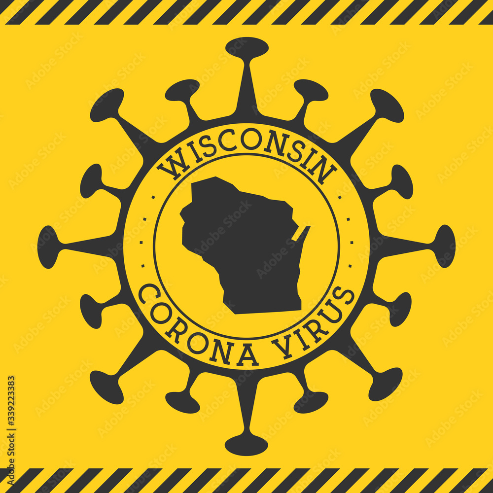Corona virus in Wisconsin sign. Round badge with shape of virus and Wisconsin map. Yellow us state epidemy lock down stamp. Vector illustration.