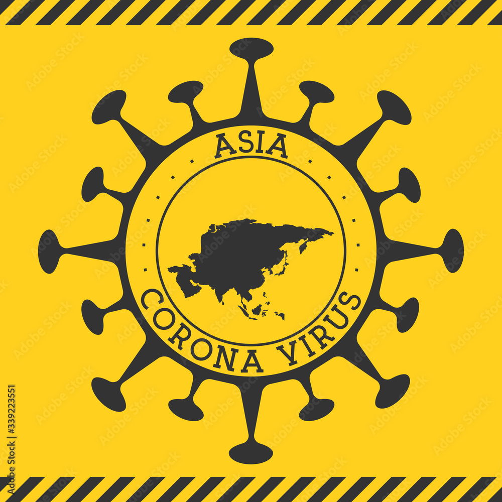 Corona virus in Asia sign. Round badge with shape of virus and Asia map. Yellow continent epidemy lock down stamp. Vector illustration.