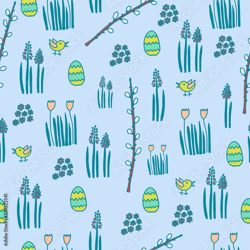 Tender spring pattern with Easter egg, pussy willow branches, flowers and birds on blue background. Vector illustration for wallpaper, wrapping paper, textile, fabric and Easter design. 