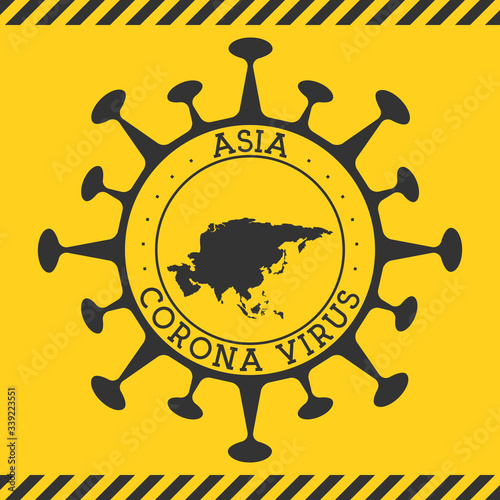 Coronavirus in Asia sign. Round badge with shape of virus and Asia map. Yellow continent epidemic lockdown stamp. Vector illustration.