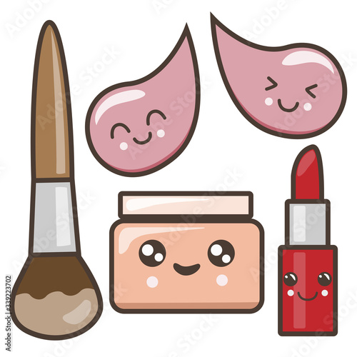 A set of funny pictures on the theme of cosmetics: lipstick, cream, sour, patches for the eyes. Kawaii illustration.