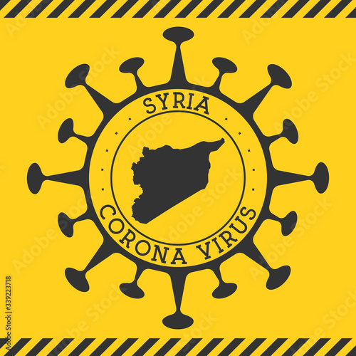 Corona virus in Syria sign. Round badge with shape of virus and Syria map. Yellow country epidemic lockdown stamp. Vector illustration.