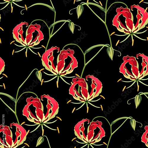 Zimbabwe National Flower, red glory lily. Summer colorful Hawaiian seamless pattern, Gloriosa flowers on black background. 