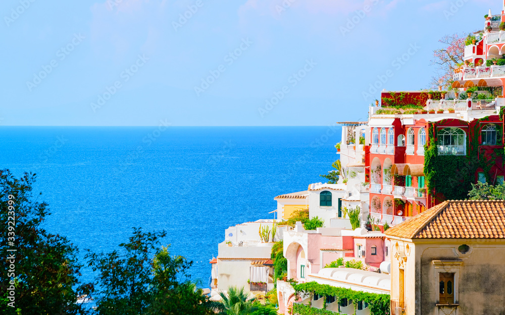 Citiscape and landscape of Positano town on Amalfi Coast reflex