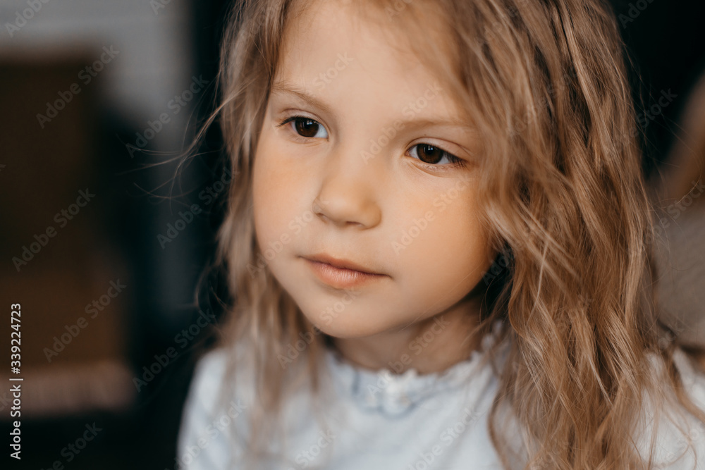 Little girl child missed by school at quarantine and thinking Little girl child missed by school at quarantine and thinking