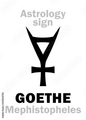 Astrology Alphabet: GOETHE / GÖTHE (asteroid № 3047), Mephistopheles [«not-light-loving»] — an evil sarcastic spirit, demon of lies, doubt and temptation. Hieroglyphic character sign / symbol.