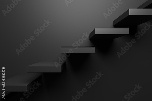 Ascending black stairs in black room 3D abstract illustration.